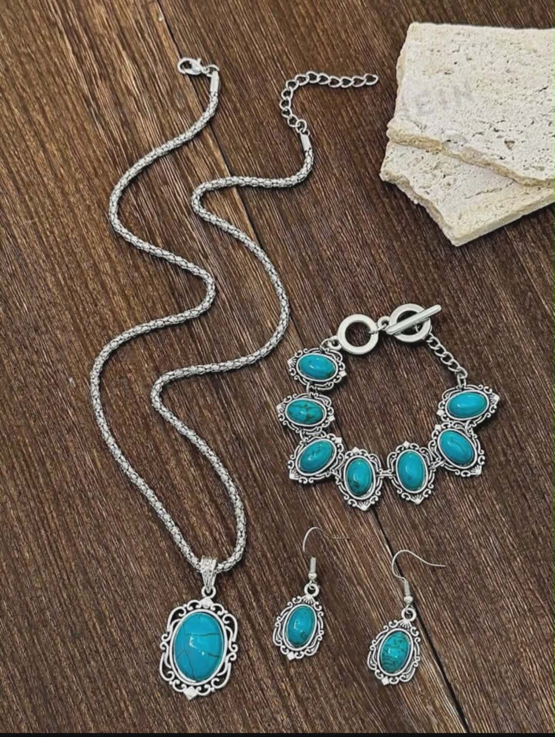 Turquoise and silver boho jewelry set